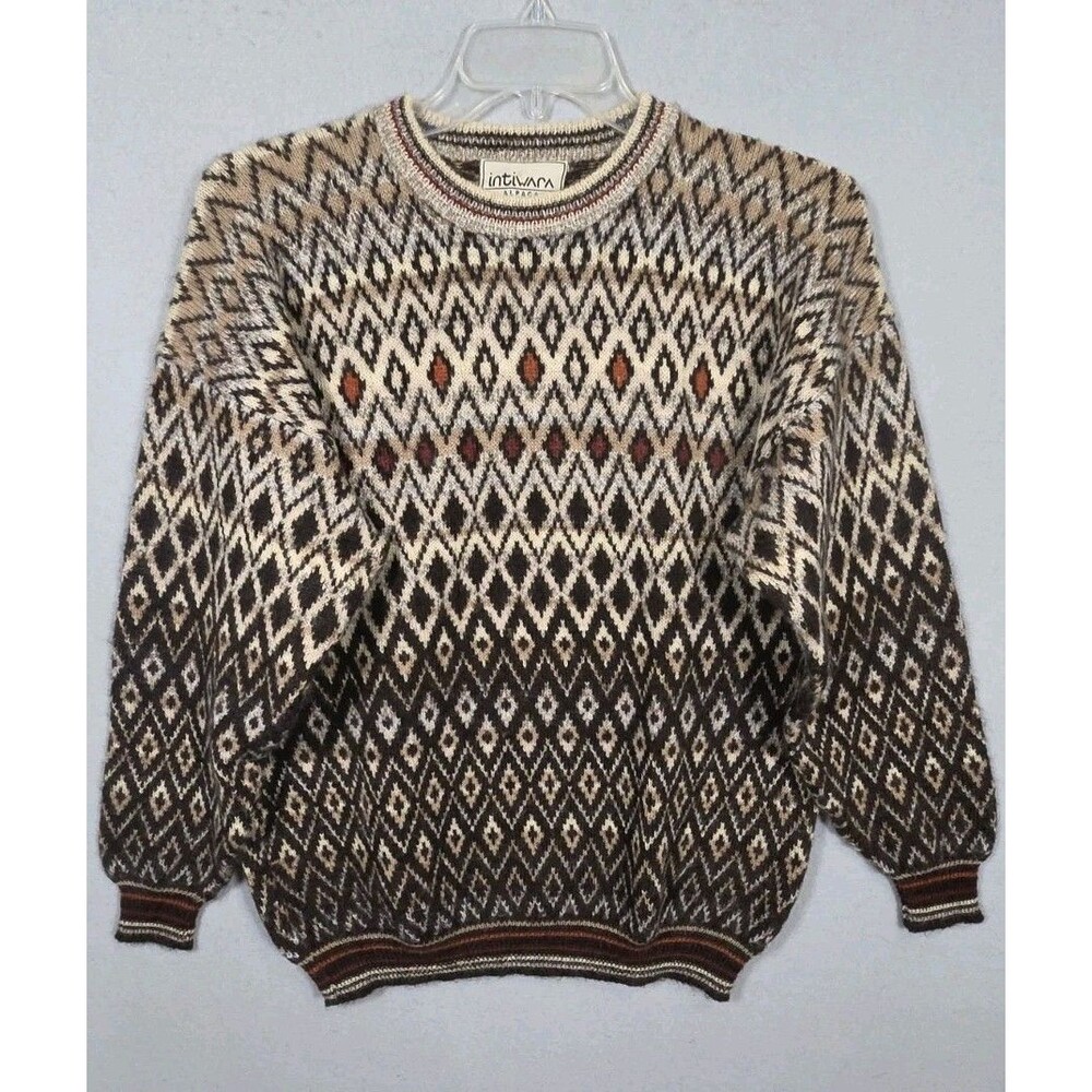 Intiwara Sweater Men XL 100% Alpaca Knit Geometric Grandpa Dad Cosby Vtg